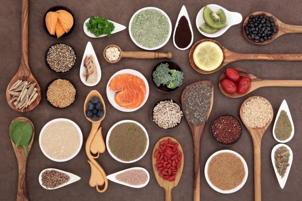 Healthy Food On Bowls And Spoons